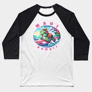 Maui Hawaii Girls Cute Surfing Sea Turtle Baseball T-Shirt